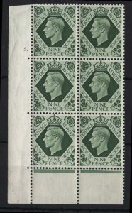 GB 1937 Dark colours 9d cyl 5 dot EP corner blk of 6, unmounted mint, margin w