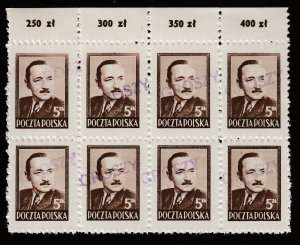 POLAND POLSKA 1950 BIERUT GROSZY OVPT Type 4 LUBLIN PURPLE MNH 8-block, MARGIN