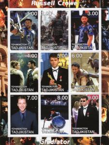 Tajikistan 2001 RUSSELL CROWE Gladiator Australian Actor Sheetlet (9) Perf.