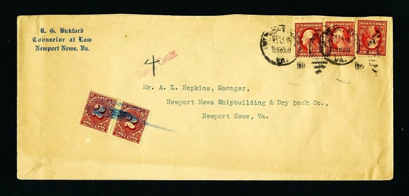 # 406 & J46 Postage Due cover from R.G. Bickford, Newport News, VA - 12-12-1911