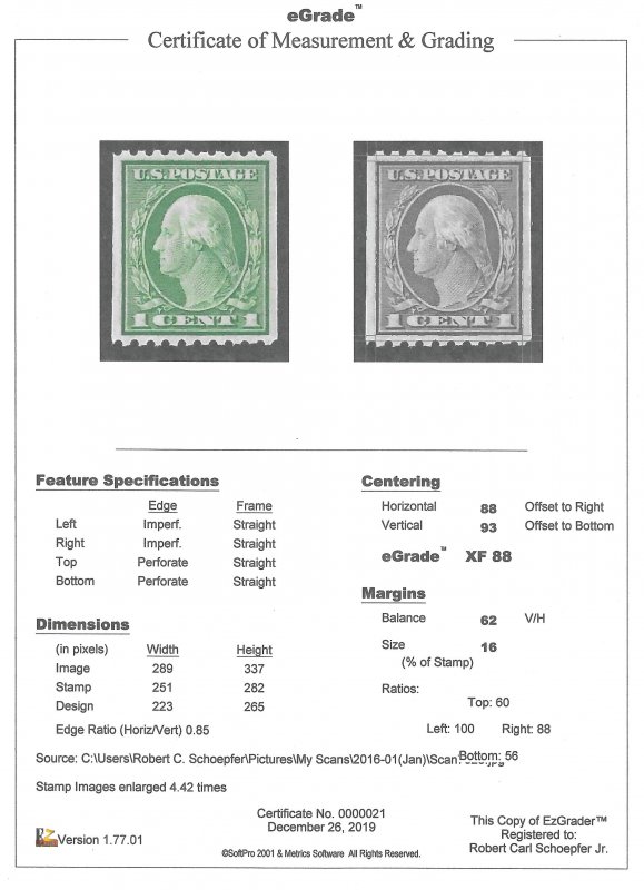 486 1 cent Washington Coil Stamp Mint OG NH EGRADED XF 88 XXF