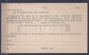 1914 POSTAL CARD THE IRON AGE  LISTING ADVERTISING RATES, NEW YORK  NY