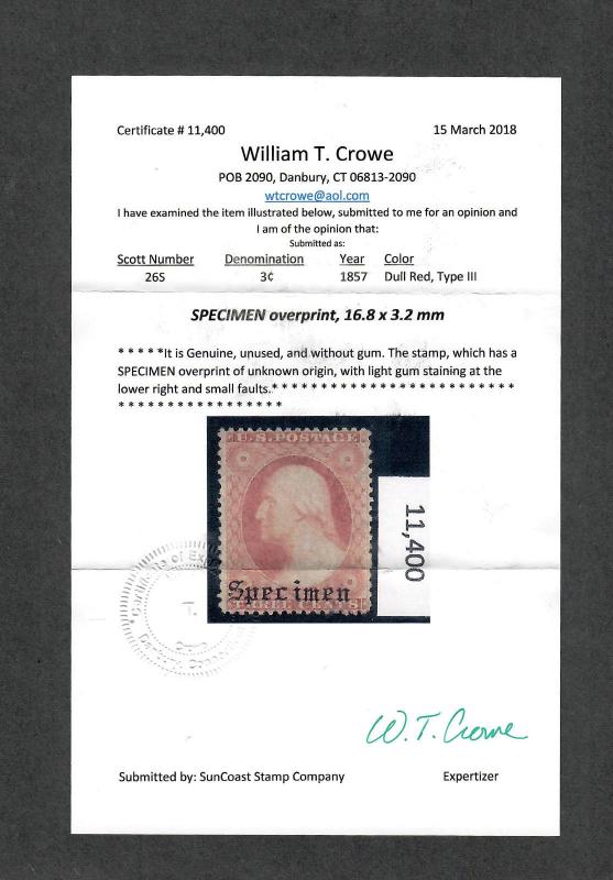 Us Sc#26s M/H/VF, Specimen O/P, Crowe Cert, Cv. $1000