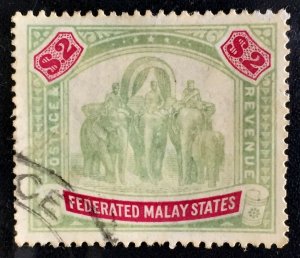 Malaya Federated Malay States FMS Elephants 1907 $2 MCCA Used SG#49 M2228