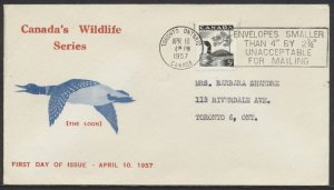 1957 #369 Loon Wildlife FDC Personal Cachet Toronto Slogan