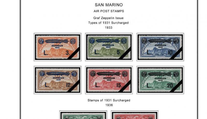 COLOR PRINTED SAN MARINO [CLASS.] 1877-1943 STAMP ALBUM PAGES (24 illust. pages)