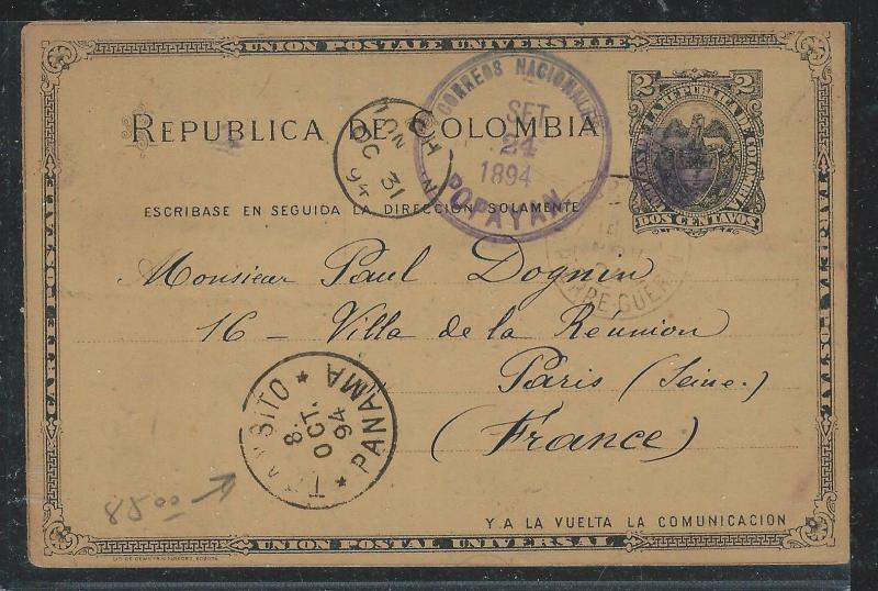 COLOMBIA(PP2706B) 1894  2C PSC  POPAPYAN VIA PANAMA TO FRANCE