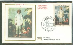 Monaco 816 1972 3fr 250th Anniversary Death Of Antoine Watteau, Painter, Art, on an unaddressed, cacheted FDC