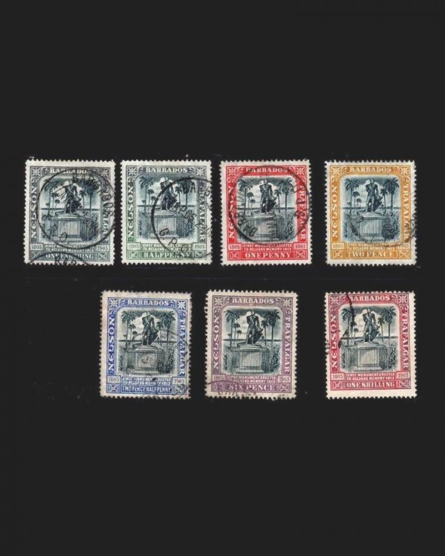 VINTAGE: BARBADOS 1906 USD,BH,LH,LHR SCOTT # 102-108 $ 102.65 LOT # VSABAR1906A