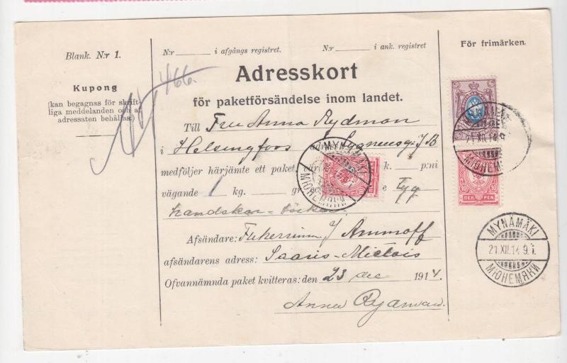 FINLAND,  Parcel Card, 1914, Mynanaki to Helsingfors, 60p.