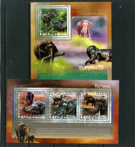 GUINEA 2014 AFRICAN ANIMALS/ELEPHANTS SHEET OF 3 STAMPS & S/S MNH