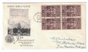 #897 FDC, 3c Wyoming 50th, Art Craft cachet, block of 4