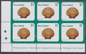 NEW ZEALAND 1978-81 $1 Shell imprint block with 2 Asterisks in margin MNH..B1222