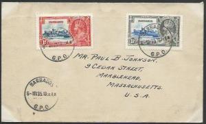 BARBADOS 1935 Jubilee 1d & 1½d on cover to USA, first day cancel...........53069