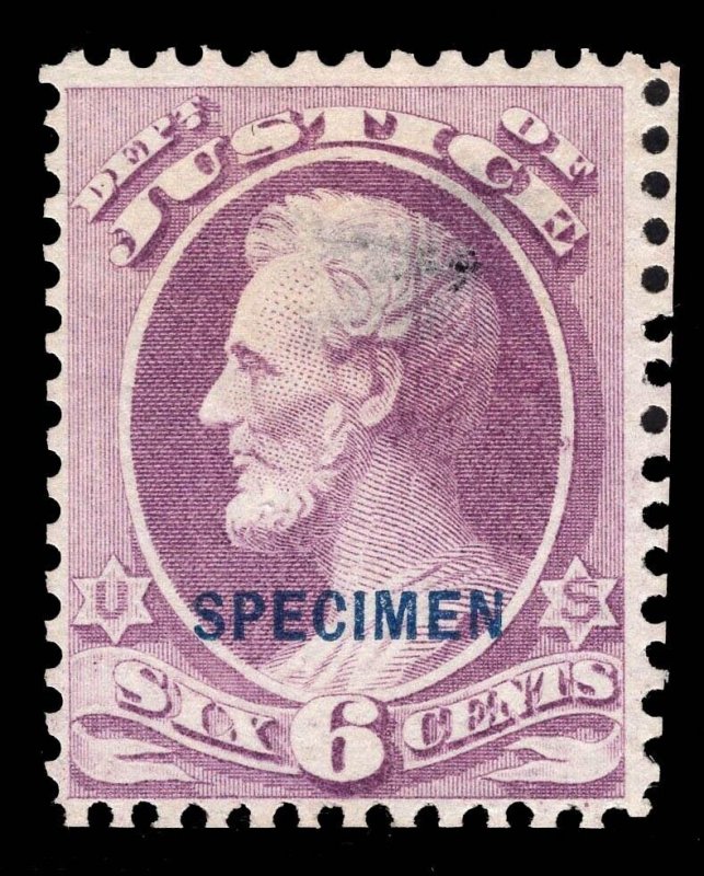 MOMEN: US STAMPS #O28S JUSTICE 6c OFFICIAL SPECIMEN CAT. $1,250 LOT #80713*