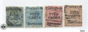 Ceylon QV 1885 4 different values overprinted 5 cents used