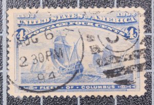 Scott 233 4 Cents Columbian Used Nice Stamp SCV - $8.00