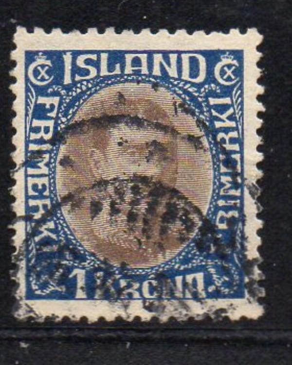 Iceland Sc 185 1931 1 kr dark blue & light brown Christian X stamp used