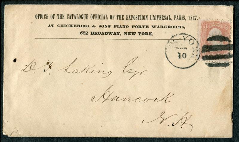 COVER - Catalogue Exposition Universal 1867 NY to NH with Reply Envelope - S7708