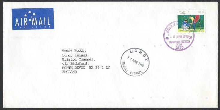 AUSTRALIA TO LUNDY 1990 airmail cover $1.10c Golf single franking..........10641