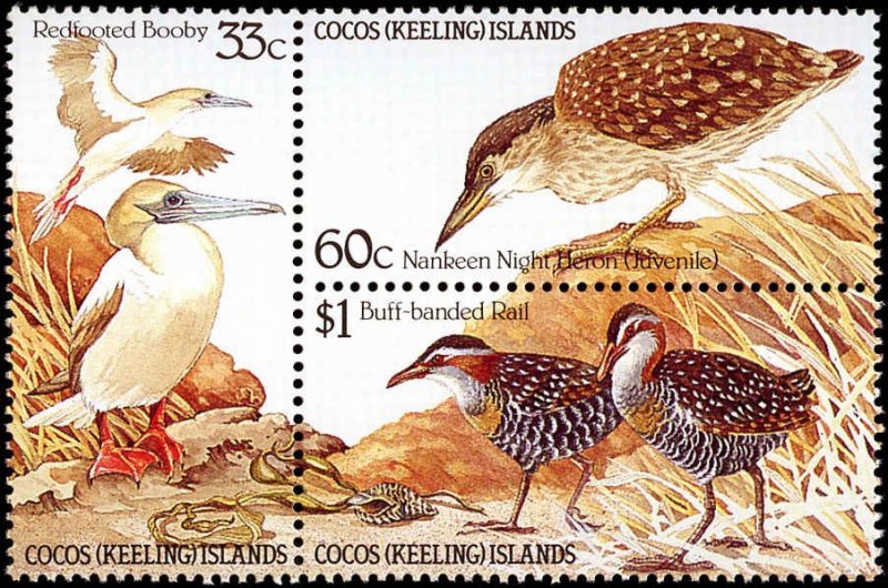 Cocos Islands #134a, Complete Set, Block of 3, 1985, Birds, Never Hinged