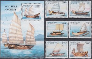 BENIN Sc# 1141-7 CPL MNH SET of 6 + SOUVENIR SHEET of ANTIQUE SAILING SHIPS