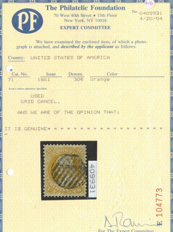 USA #71 Extra Fine Used Gem **With Certificate** 