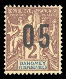 French Colonies, Dahomey #32a Cat$12, 1912 5c on 2c, wide surcharge, lightly ...