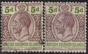 BRITISH SOLOMON ISLANDS 1914 KGV 5D BOTH SHADES WMK MULTI CROWN CA USED