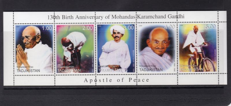 Tajikistan  1999 GANDHI - BICYCLE Strip (5) Perforated MNH