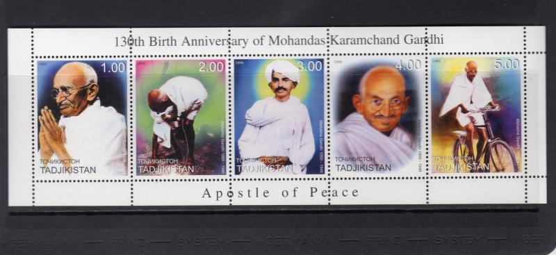 Tajikistan  1999 GANDHI APOSTLE OF PEACE Strip (5) Perforated MNH