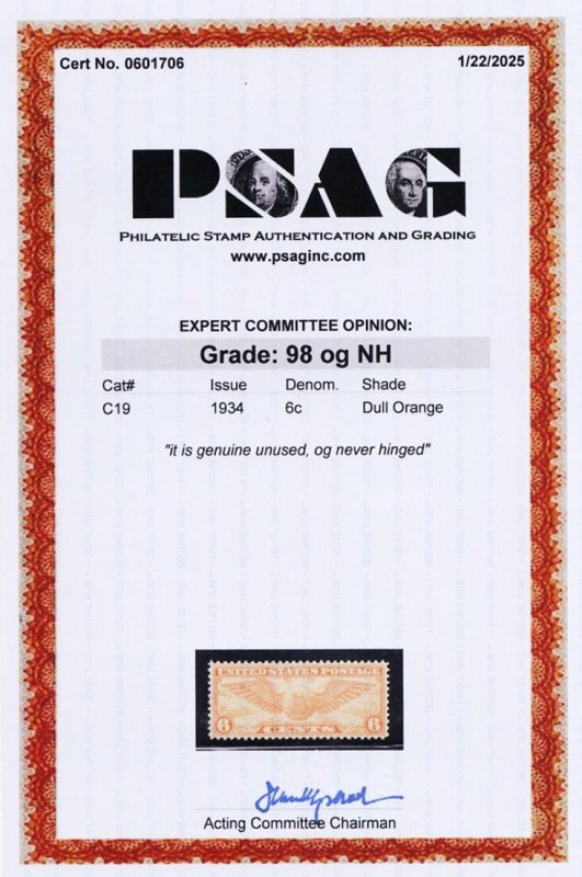 C19, Mint Superb NH 6¢ With Graded 98 PSAG Certificate _* Stuart Katz