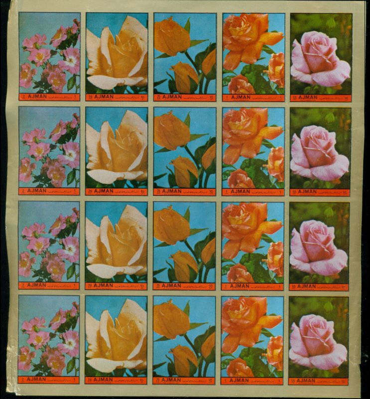 Ajman 1972 Mi#2078-2082B Flowers, Queen's Roses IMPERF block (folded, damaged...