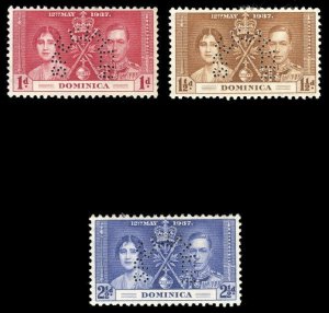 Dominica 1937 KGVI Coronation set of three perforated SPECIMEN vfm. SG 96s-98s.