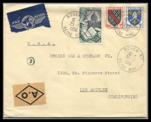 France 1956 Airmail Cover Rouen to Los Angeles