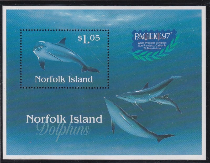 Norfolk Island # 623a, Dolphins Souvenir Sheet with PACIFICA '97, NH, 1/2 Cat.