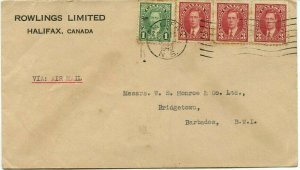 10c airmail for 1/4oz 1940 to BARBADOS BWI w/receiver Canada cover