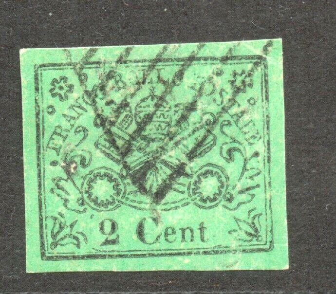Italy, Rom States, 1867 Scott # 12 a, the 2 C. black on green,  var.: no period