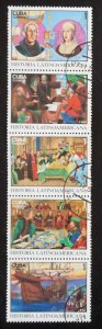 CUBA Sc# 3463 LATIN AMERICAN HISTORY  Strip of 5 x 1c  1992  used / cto