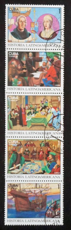 CUBA Sc# 3463 LATIN AMERICAN HISTORY  Strip of 5 x 1c  1992  used / cto