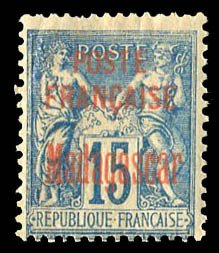 French Colonies, Madagascar #16 Cat$72.50, 1895 15c blue, hinge remnant