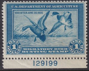 RW1 U.S. 1934 Federal Duck Stamp $1.00 Plate Single 129199 MNH CV $775.00