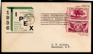 US 778a/c (1936) a pair of stamps from the Tipex souvenir sheet on an addressed (typed) First Day Cover with a linprint cachet.