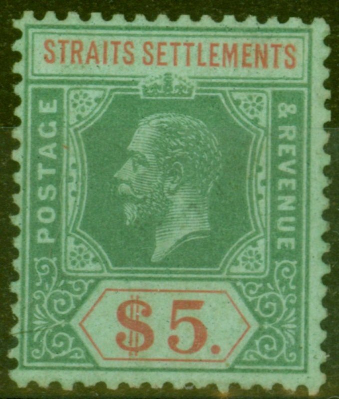 Straits Settlements 1920 $5 on Emerald SG212c Fine & Fresh Mtd Mint.