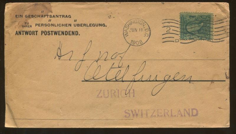 1908 Washington DC to Zurich Switzerland Advertising Cover