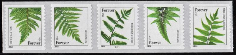SC#4973-77 (49¢) Ferns PS5; #S1111 (2015, 10K Coil) 