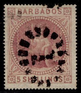 BARBADOS QV SG64, 5s dull rose, FINE USED. Cat £300.