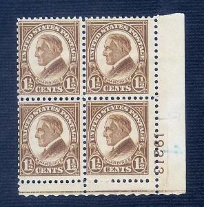 US #633 1½¢ HARDING, PLATE # BLOCK OF 4, MogNH