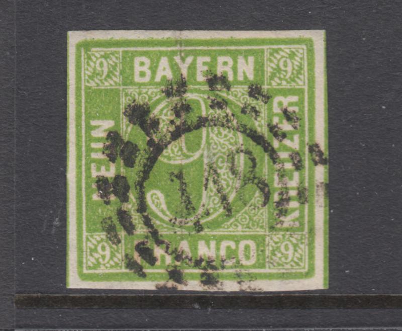 Bavaria Sc 6 used. 1850-58 9kr yellow green Numeral, 418 open Millwheel cancel