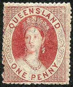 Queensland SG14 1d Carmine-rose Wmk Small Star Rough Perf 14-16 Cat 110 pounds 